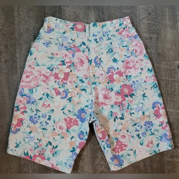 80's 90's Vintage High Waist Floral Print Jean Shorts Womens 4 Cream 100% Cotton - Picture 2 of 10